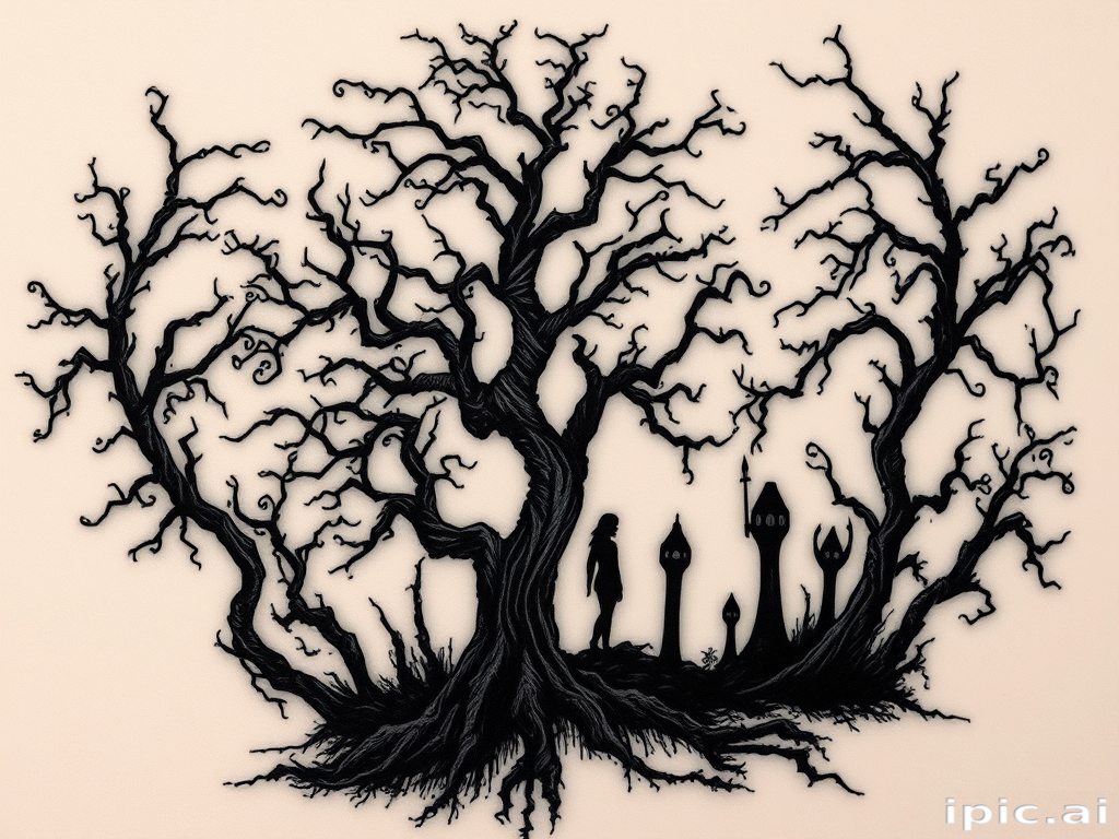 Haunting blackwork tattoo titled "Shadow Realm" showcasing a surreal landscape of twisted trees and eerie silhouettes. Intense black ink creates stark contrasts and deep shadows, while negative space is used strategically to define shapes and add depth. Intricate linework and stippling techniques create texture and atmosphere in this dark, captivating piece.