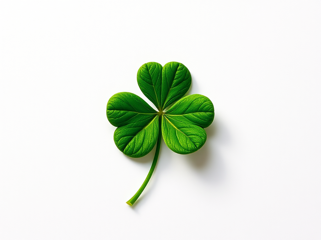 Create a detailed illustration of a three-leaf clover on a plain background, using a DSLR camera with a 50mm f/1.8 lens, aperture set to f/2.8, ISO 100, in natural light for enhanced colors and sharpness.