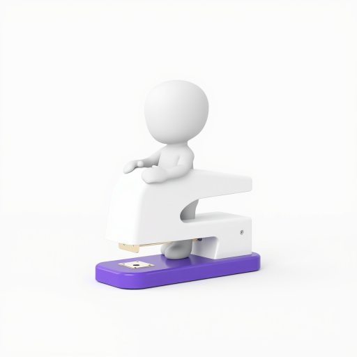 Create a 3D render of a minimalist figure using a sleek white modern stapler with a purple base, high depth of field, 85mm lens, f/1.8 aperture, soft lighting, and a clean white background for enhanced image quality.