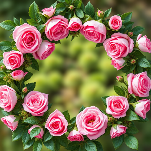 Create a vibrant circular floral frame with pink roses and green foliage in high resolution, using a DSLR camera with a 50mm lens, aperture set to f/2.8, ISO 100, and natural lighting for enhanced colors and details.