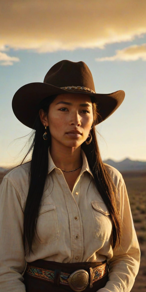 Dramatic photo of a beautiful Aymara woman, classic cowboy attire, confident and free spirit expression, half-length portrait, centered, golden hour desert landscape, warm, diffused light, low angle, medium format film camera, in style of Annie Leibovitz.