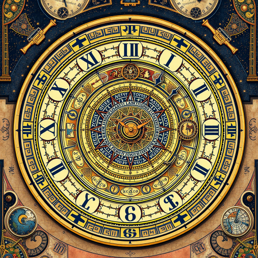 Create a detailed illustration of an intricate astronomical clock featuring celestial motifs and zodiac symbols, using a DSLR camera with a 50mm lens, f/1.8 aperture, 1/60 shutter speed, and ISO 100, with a top-down view and vibrant colors for enhanced clarity.