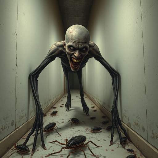 a crooked male with long arms and a creepy smile is crawling along a long white corridor and you can also see cockroaches in it there is a creepy atmosphere creepy art style