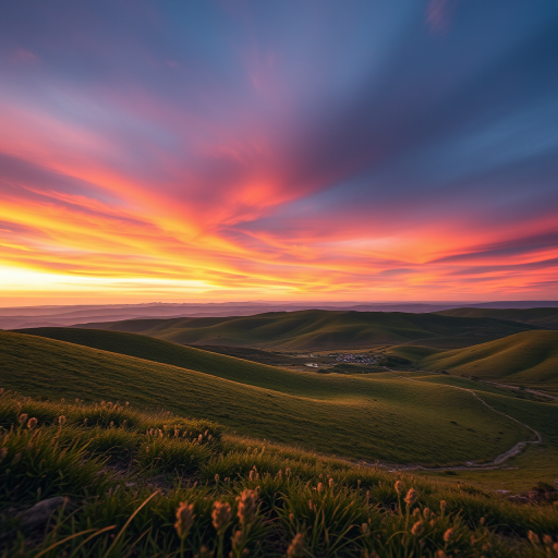 Create a high-resolution image of a serene landscape featuring rolling hills under a vibrant sunset sky, using a Canon EOS R5 camera with a 24-70mm lens, aperture set to f/11, ISO 100, shutter speed of 1/125s, shot from a low angle for a dramatic perspective.