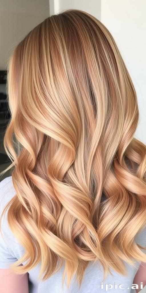 Lustrous honey blonde locks styled in a classic Hollywood wave, accentuated by a single streak of rose gold that adds a touch of modern glamour to the timeless look.