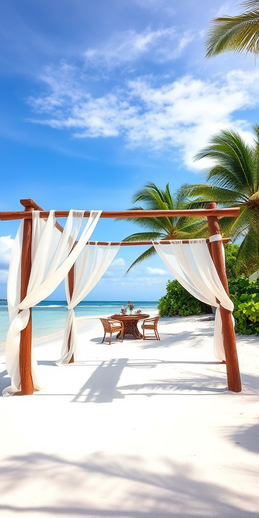 Create a picturesque tropical beach scene featuring a serene, white sandy shore. In the foreground, there's a rustic wooden canopy with white drapes gently flowing in the breeze. Underneath the canopy, a table is set with tropical decor, evoking a sense of relaxation and leisure. The beach extends into a calm, shallow water area with reflections of the sky and surroundings. Palm trees and lush greenery line the edge of the beach, providing a natural, tropical backdrop. The sky is clear with a few scattered clouds, and the overall atmosphere is tranquil and inviting, perfect for a peaceful retreat.