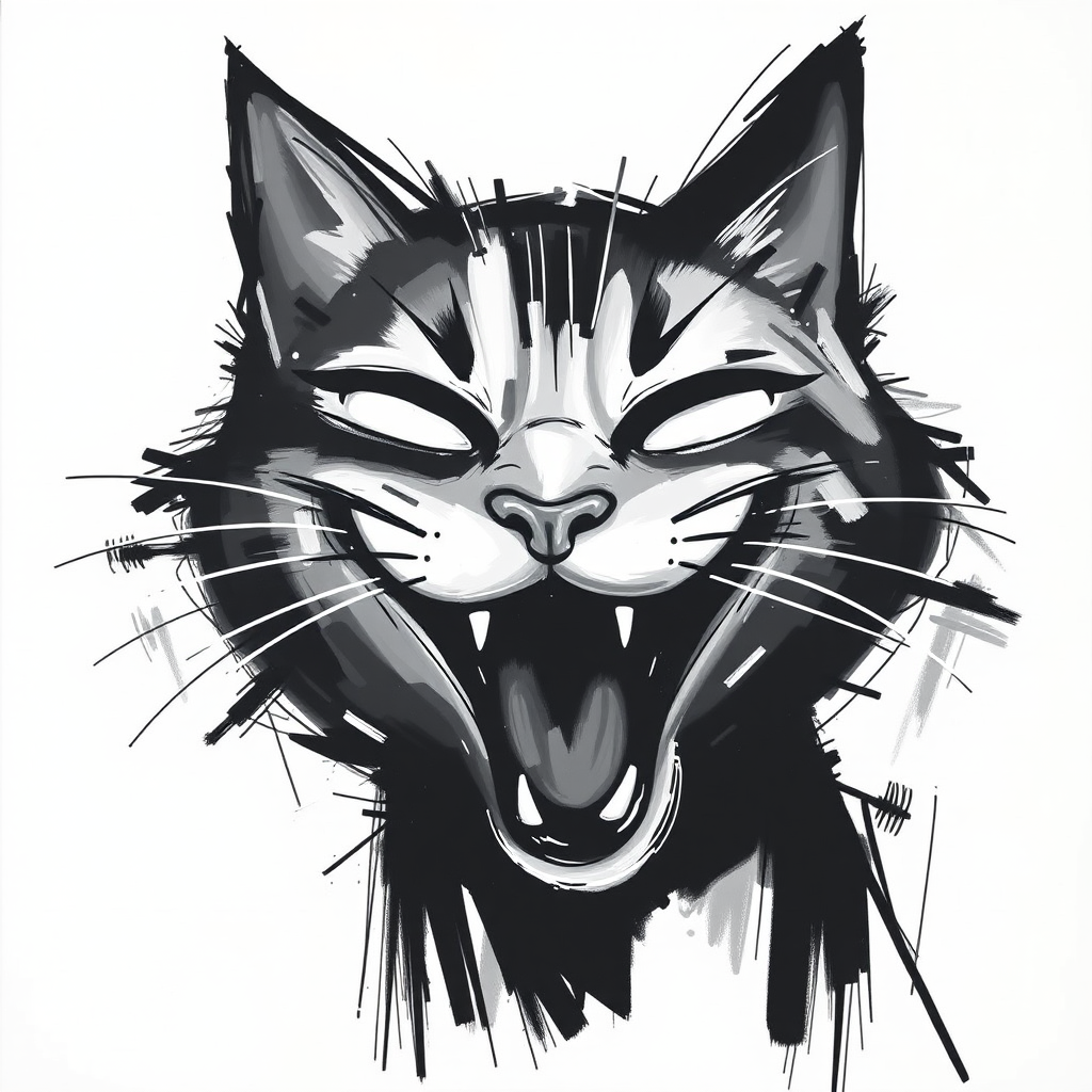 Abstract black and white acrylic portrait of an over exaggerated laughing (cat). Minimalism style. White background.