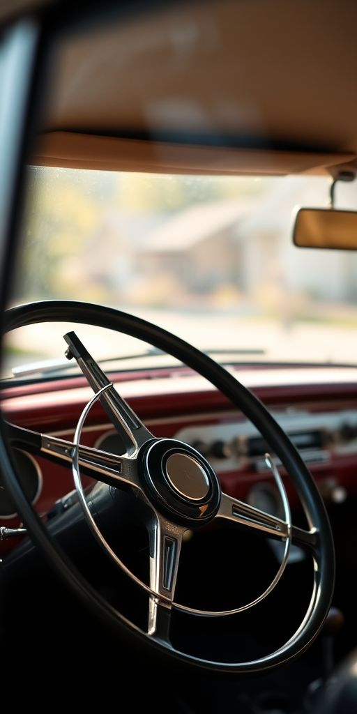Close-up of a vintage car interior focusing on the steering wheel and dashboard, natural light, aperture f/2.8, shutter speed 1/60s, ISO 100, shot with a DSLR camera in manual mode, shallow depth of field to blur background details for emphasis.