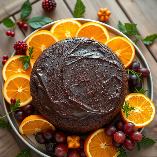 High-angle view of a chocolate cake surrounded by orange slices, grapes, and festive garnishes, shot with a DSLR camera at f/2.8, ISO 100, 1/60 sec, with a shallow depth of field and natural lighting to enhance colors and textures.