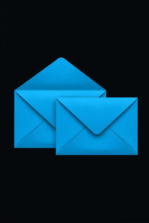 Create a high-resolution digital illustration of two blue envelopes, one with a triangular flap and the other rectangular, on a plain black background, using a Canon EOS R5 camera with a 50mm f/1.2 lens, aperture set to f/8, shutter speed of 1/125s, and ISO 100 for optimal clarity and color saturation.