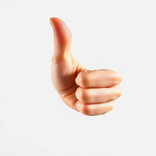 Create a high-resolution image of a stylized thumbs down hand gesture, captured with a DSLR camera at f/2.8 aperture, ISO 100, 50mm lens, in natural light, with a clean white background for contrast.