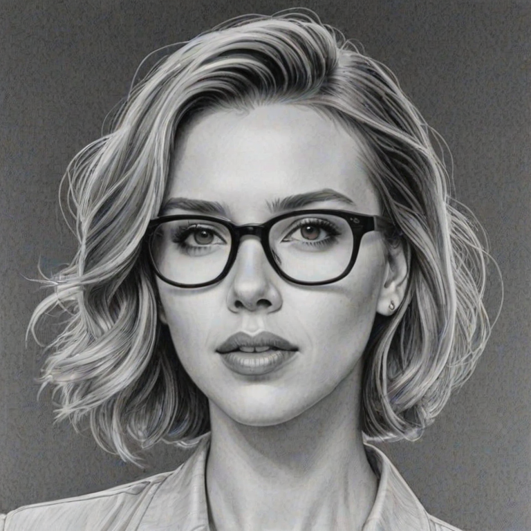 Attractive Scarlett Johansson, pencil sketch, portrait of Elegant woman 1979s in glasses, hair style beatnik, outline, clear lines, fine lines, 8k