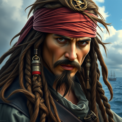 Create a highly detailed digital painting of a pirate with long, messy hair and braids, wearing a tattered bandana and adorned with various accessories, set against a dramatic cloudy sky over a distant ship, shot with a DSLR camera, 50mm lens, f/1.8 aperture, ISO 100, and a shallow depth of field to enhance focus on the pirate's intense expression.