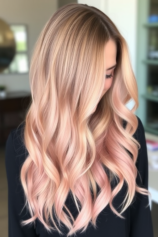 Soft rose gold balayage on a long, layered cut with face-framing tendrils and subtle waves, creating a romantic and feminine "Blushing Goddess" hairstyle