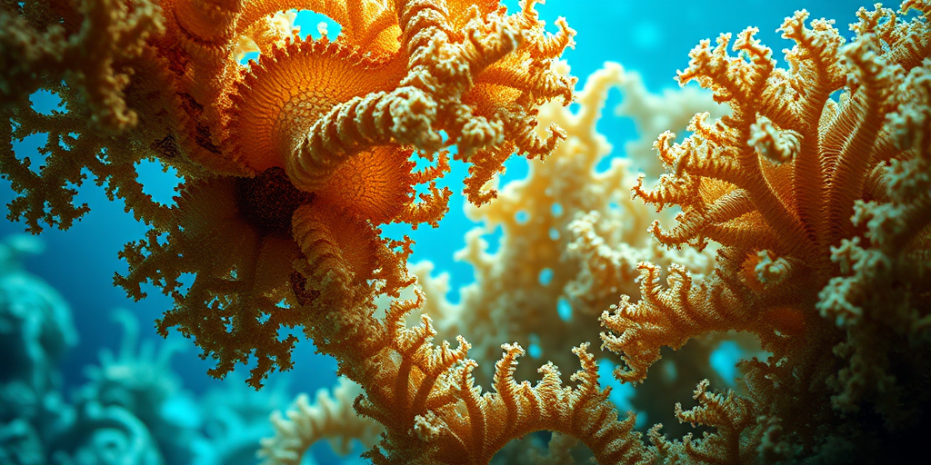 fractal architecture underwater scene with intricate golden and beige patterns illuminated by soft blue light, macro lens, f/8 aperture, ISO 100, 50mm focal length, soft focus background, HDR imaging, DSLR camera
