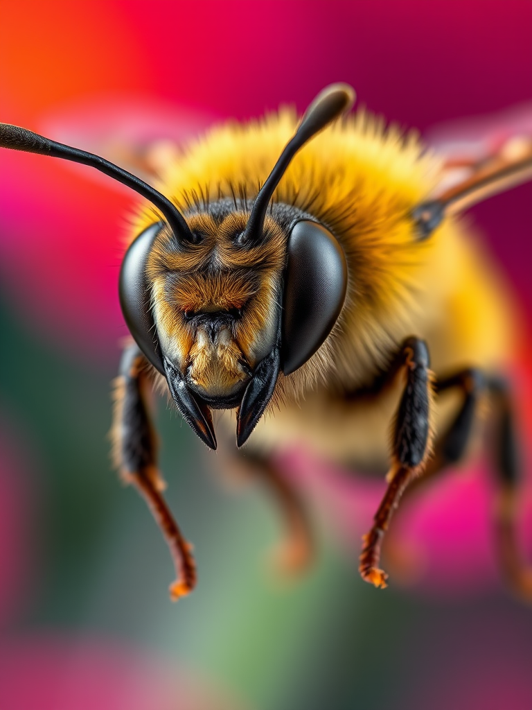 Create a high-resolution cartoon-style image of a bee with exaggerated features, using a macro lens at f/2.8, ISO 100, shutter speed 1/500s, bright studio lighting, and a vibrant background.