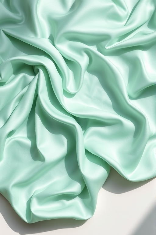 soft silk fabric draped elegantly in flowing waves with varying shades of mint green, captured with a Canon EOS R5, 50mm f/1.2 lens, aperture f/2.8, shutter speed 1/125s, ISO 100, using natural light for gentle highlights and shadows on a flat lay surface