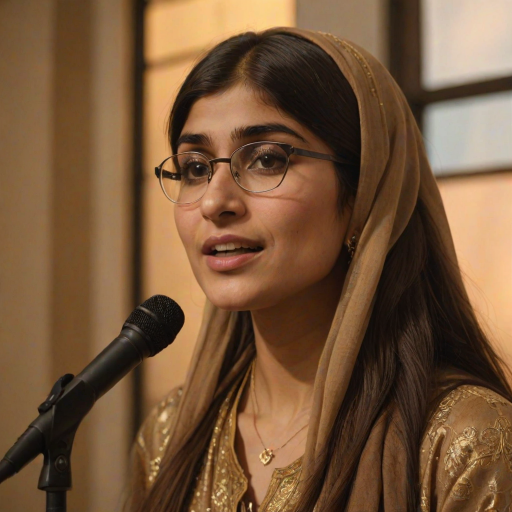 A close-up portrait of a mia khalifa with her eyes closed, singing into a microphone, positioned on the right side of the frame, facing the viewer. She is wearing a brown headscarf, gold earrings, and a brown blouse, and is bathed in warm, golden light emanating from the windows behind her. A blurred figure of a man singing into a microphone is visible in the background. The scene has a sense of calm and spirituality.
