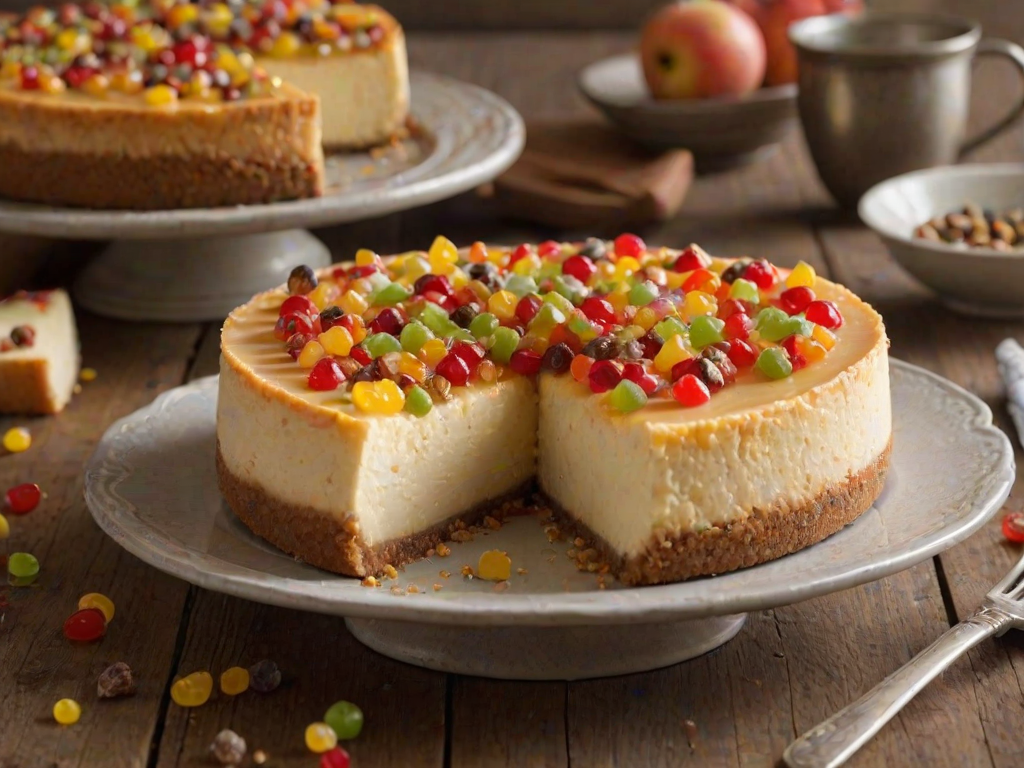 Create an image of a round cheesecake with a golden-brown crust and topped with small pieces of candied fruit. The cheesecake should have a smooth, creamy texture and a slice removed to show the inside. The background should be softly blurred with a rustic kitchen setting.