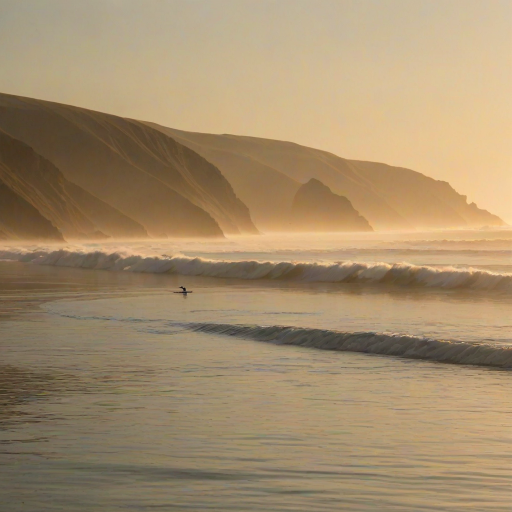 Blurry action shot of a surfer riding a wave at dawn, soft golden light from the rising sun casting long shadows on the water, with seagulls flying overhead and distant cliffs barely visible through the mist.