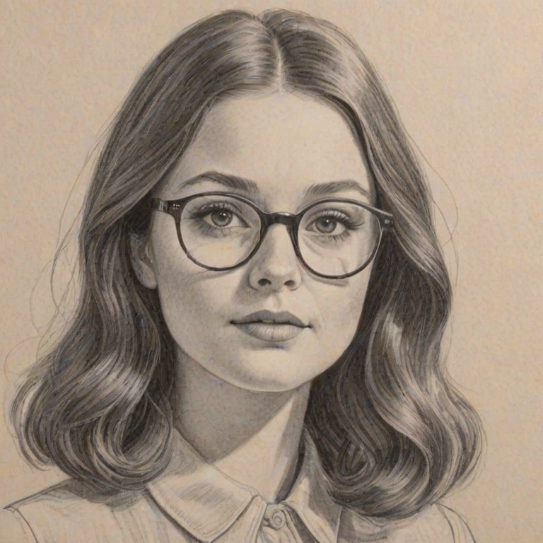Splendid Emma Kenney, pencil sketch, portrait of Bewitching woman 1965s in glasses, hair style beatnik, outline, clear lines, fine lines, 8k