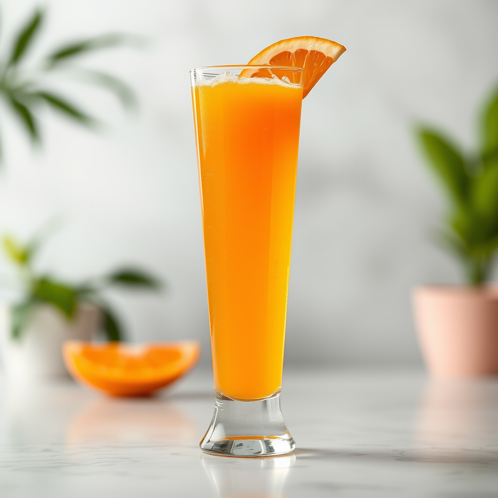 create a tall glass filled with an orange beverage, set against a soft-focus background, captured with a Canon EOS R5, 50mm lens, f/1.8 aperture, ISO 100, at a 45-degree angle view for depth and clarity