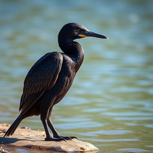 regenerate an image of a cormorant standing by the water with a shallow depth of field, ISO 400, f/5.6, 1/200s, 85mm lens, taken from eye level in natural light to enhance clarity and detail