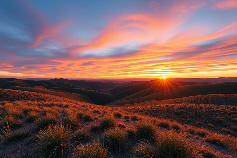 Create a high-resolution image featuring a serene landscape at sunrise, with rolling hills and a colorful sky, shot with a DSLR camera, using a 24mm lens, aperture set at f/8, shutter speed of 1/200s, ISO 100, captured from a low angle for a dramatic perspective.