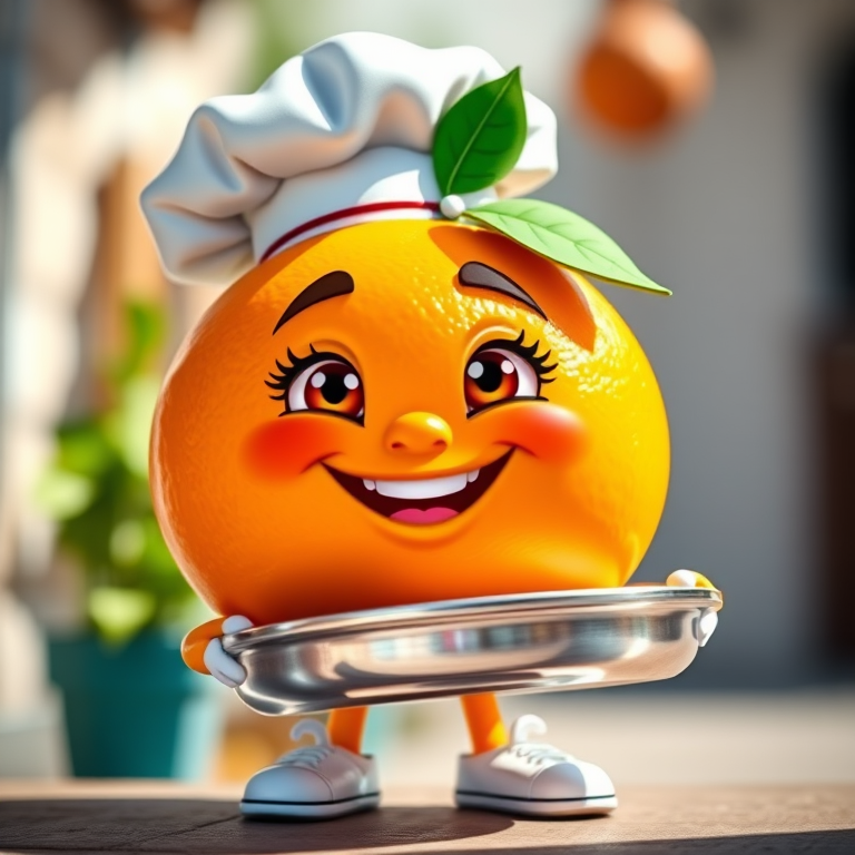 Create a vibrant and playful cartoon image of a cheerful chef character resembling a round orange with a chef's hat, holding a silver platter, with exaggerated facial features and a big smile, shot with a DSLR camera at f/2.8 aperture, 50mm lens, in bright daylight for enhanced colors and clarity, using a shallow depth of field to focus on the character while softly blurring the background.