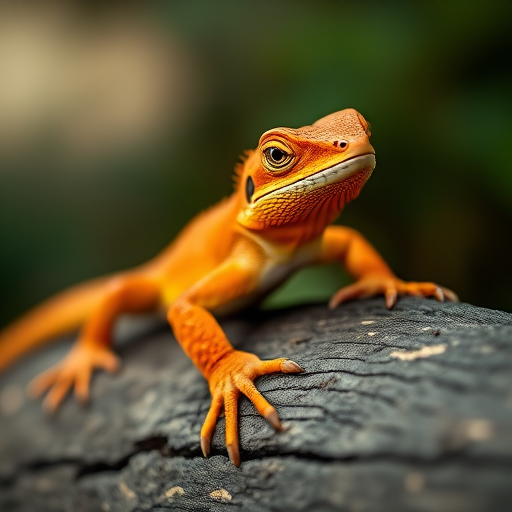 high-quality close-up of a vibrant lizard on a textured log, soft natural lighting, aperture f/4, ISO 100, shutter speed 1/200s, macro lens, DSLR camera, shallow depth of field to blur the background