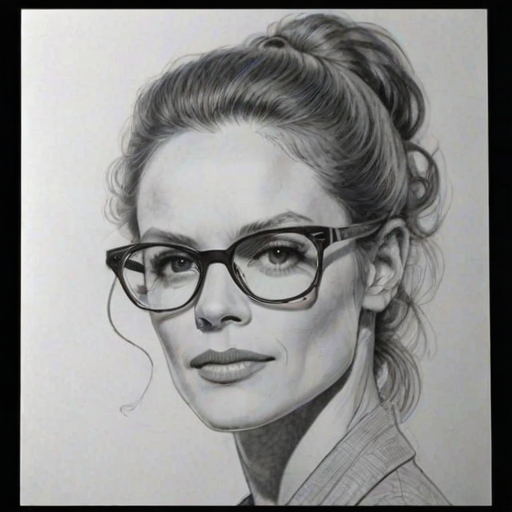 Resplendent Judy Davis, pencil sketch, portrait of Stunning woman 1970s in glasses, hair style beatnik, outline, clear lines, fine lines, 8k
