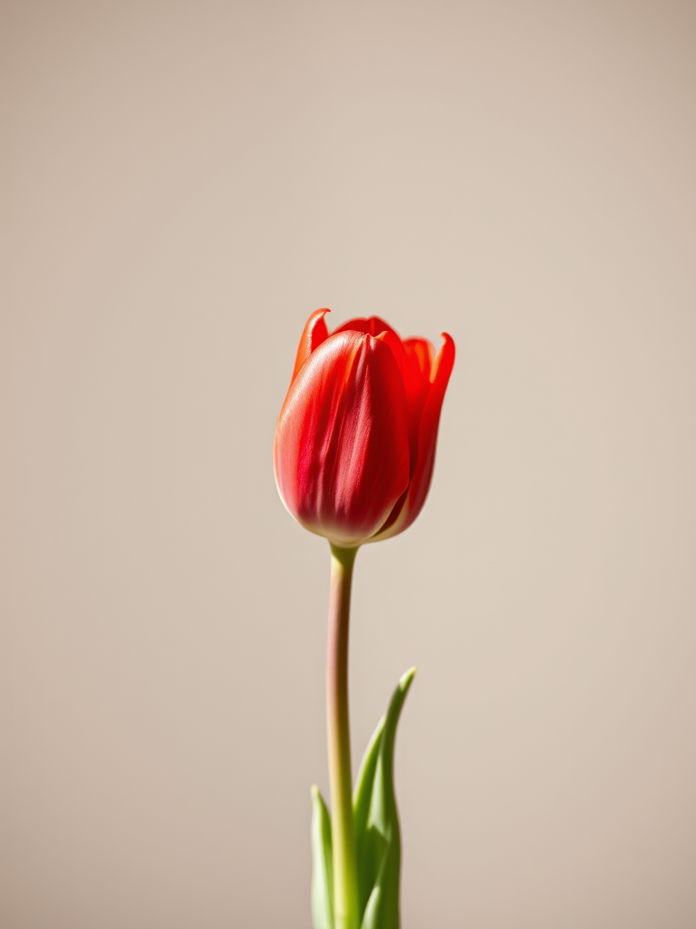 Create a close-up image of a single red tulip against a soft, neutral background with a Canon EOS R5, 85mm lens, aperture f/1.8, ISO 100, natural lighting, shallow depth of field for a blurred background effect.