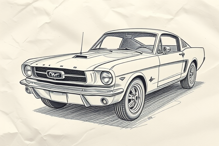 A detailed sketch of a classic Ford Mustang on crumpled paper, high-resolution, soft lighting, close-up shot, using a DSLR camera with a 50mm lens at f/2.8, ISO 100, and a shutter speed of 1/125s.