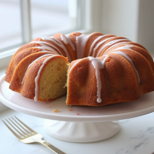 A beautifully baked bundt cake with a golden brown exterior and a moist interior displayed on a white cake stand with a drizzle of icing on top and a fork beside it, set against a bright window background.