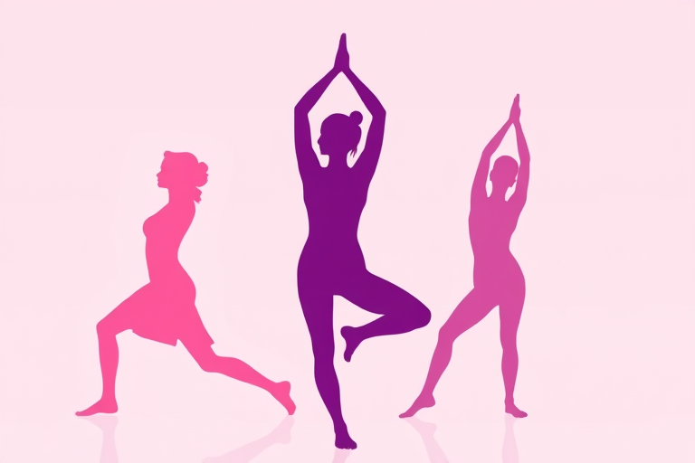 Create an artistic illustration of three silhouetted figures in yoga poses, each in a different shade of pink and purple, with a soft gradient background; use a DSLR camera setup with a 50mm lens, f/1.8 aperture, ISO 100, and a wide shot view for enhanced clarity and depth.