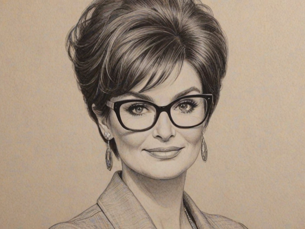 Appealing Sharon Osbourne, pencil sketch, portrait of Comely woman 1958s in glasses, hair style beatnik, outline, clear lines, fine lines, 8k