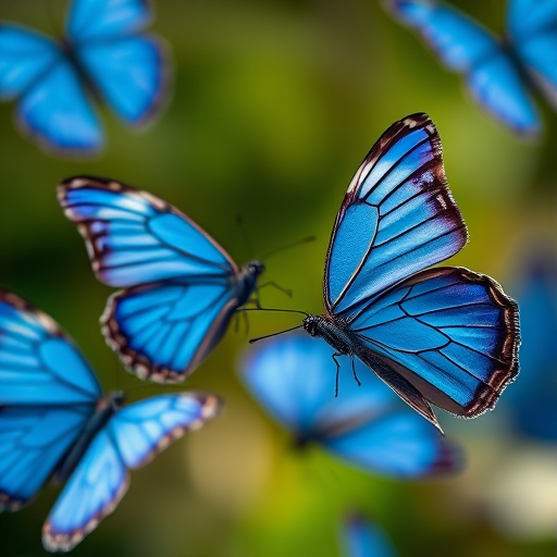 Create an image of blue butterflies in flight showcasing intricate wing patterns, using a macro lens with a shallow depth of field, a focal length of 100mm, aperture set at f/2.8, ISO 200, and natural lighting to enhance the colors and details.