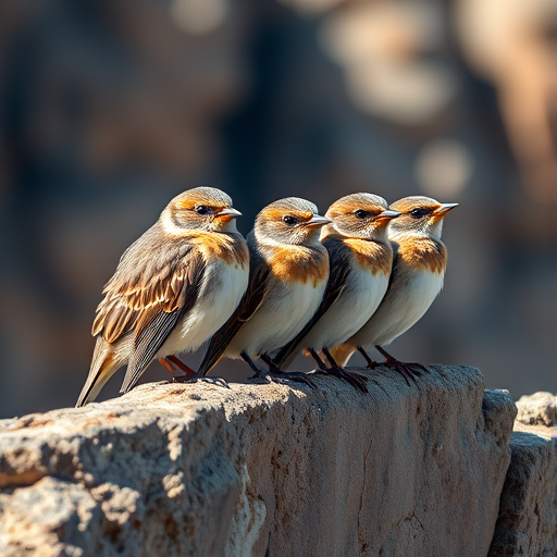 Five birds perched closely together on a rocky ledge, captured in vivid detail with a shallow depth of field, soft natural lighting, and a focal length of 85mm, aperture set to f/2.8, ISO 400, using a DSLR camera with a telephoto lens.