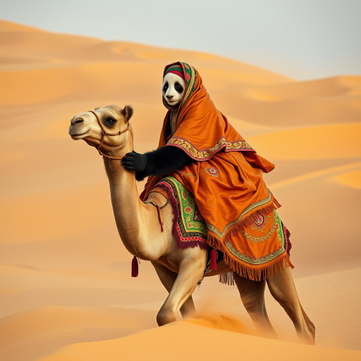 This high-resolution photograph captures a teen panda named Huahua, depicted riding a camel through a vast, sandy desert. Huahua has her distinctive black and white fur, and she is dressed in traditional desert attire, complete with a colorful headscarf and a flowing robe. The attire is detailed with intricate patterns and vibrant colors, creating a striking visual contrast against the golden sands.
