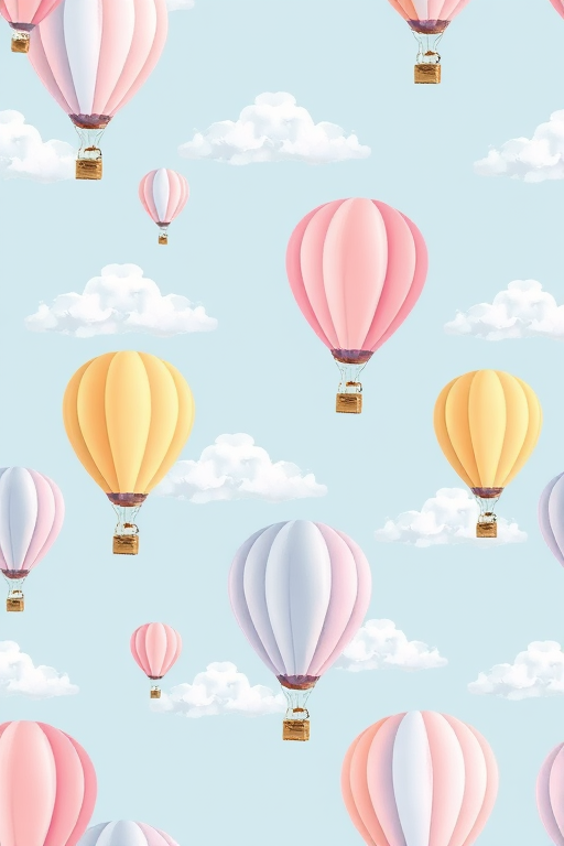 create a seamless pattern of pastel-colored hot air balloons with fluffy clouds on a light blue background using a digital camera with a 50mm lens, aperture f/8, ISO 100, high resolution for enhanced image quality