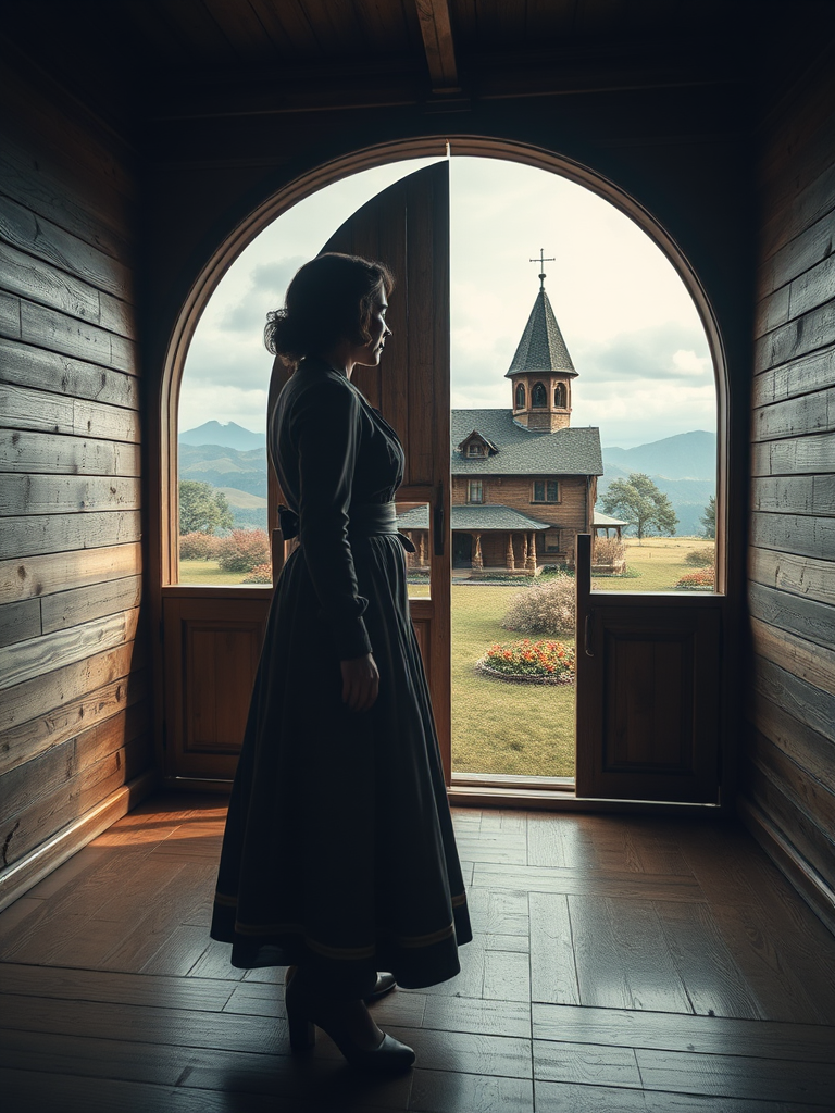 Create a surreal image of a woman in vintage attire standing in a wooden room with a large arched door leading to a fantastical landscape featuring a whimsical house, soft dramatic lighting, Fujifilm X-T4, 35mm lens, f/1.8 aperture, ISO 200, capture from eye level for enhanced depth and texture.