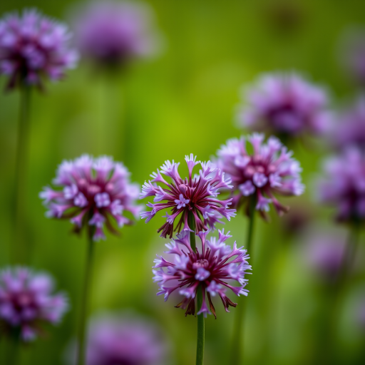 Macro shot of purple allium flowers in a blurred green background, with a Canon EOS 90D, 100mm f/2.8L macro lens, aperture f/4, shutter speed 1/200s, ISO 100, natural light.
