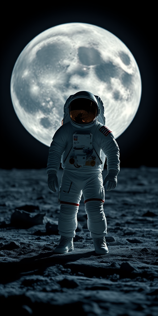 Create an image of an astronaut standing on the moon with a large, detailed moon in the background, using a full-frame DSLR camera with a 24mm lens, aperture f/8, ISO 100, 1/125s shutter speed, captured in high dynamic range to enhance colors and contrasts.