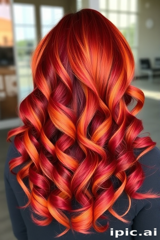 Fiery ombré locks transitioning from deep burgundy roots to bright copper tips, styled in voluminous spiral curls dubbed "Autumn Flame" emanating warmth and passion