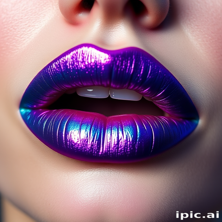 Duochrome teal-to-purple lips mesmerize in the "Mermaid's Kiss" design, featuring a unique color-shifting effect that transforms from a deep teal base to a shimmering purple depending on the light and viewing angle, creating a captivating and otherworldly lip look that's perfect for fantasy-themed events or creative editorial shoots