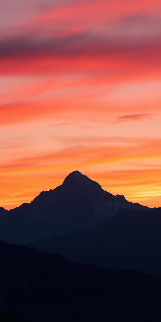 Generate a high-resolution image of a silhouette of a majestic mountain range during sunset with vibrant orange and pink skies, captured with a Canon EOS R5, 35mm lens, f/8 aperture, ISO 100, and a panoramic view for enhanced detail and clarity.