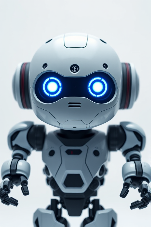 Create a highly detailed image of a cute, futuristic robot with glowing blue eyes, standing against a white background, shot with a Canon EOS R5 camera, 50mm lens, f/1.8 aperture, ISO 100, and soft diffused lighting to emphasize features and textures.