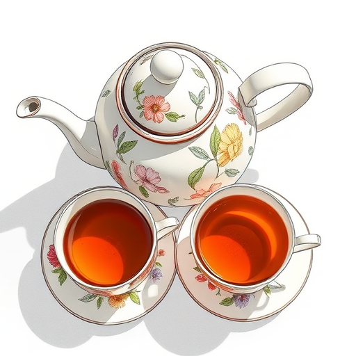 Create a detailed illustration of a teapot and two cups of tea with floral designs, using a DSLR camera with a 50mm lens, aperture set to f/2.8, ISO 100, natural lighting, and a top-down view to enhance the image quality.