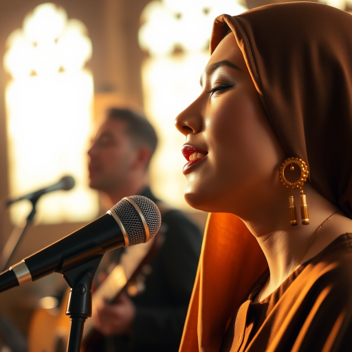 A close-up portrait of a asian woman with her eyes closed, singing into a microphone, positioned on the right side of the frame, facing the viewer. She is wearing a brown headscarf, gold earrings, and a brown blouse, and is bathed in warm, golden light emanating from the windows behind her. A blurred figure of a man singing into a microphone is visible in the background. The scene has a sense of calm and spirituality.