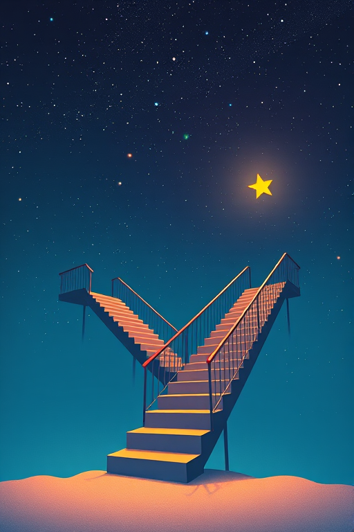 A surreal illustration of two staircases in a starry sky, featuring a yellow star on one platform, captured with a Canon EOS R5, 24mm lens, f/8 aperture, ISO 100, 1/125 sec, with a wide-angle perspective and high dynamic range.